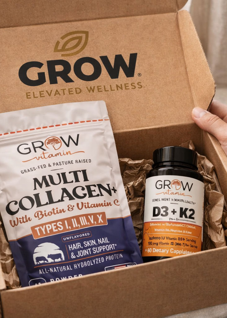 Open box of 'Grow' wellness products including a multi-collagen powder and vitamin supplement.
