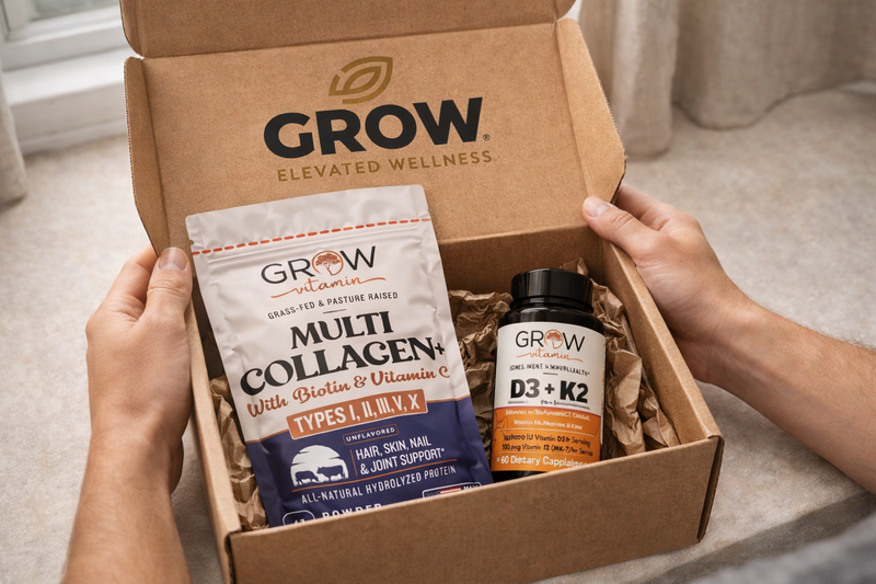 Open box of 'Grow' wellness products including a multi-collagen powder and vitamin supplement.