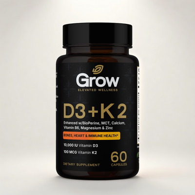 Supplement bottle labeled 'Grow D3+K2' on a light gray background