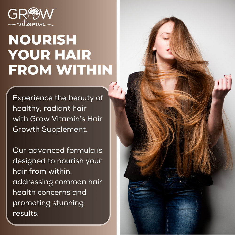 Supplement bottle labeled 'Grow Vitamin Hair Formula' on a light gray background