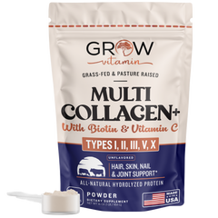 Package of Grow Vitamin Multi Collagen with a scoop of powder on a white background