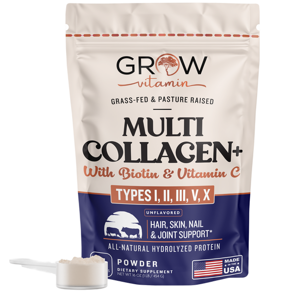 Package of Grow Vitamin Multi Collagen with a scoop of powder on a white background