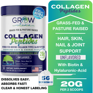 Grow Vitamin Collagen Peptides Powder 20g With Hyaluronic Acid & Biotin - Unflavored Grass-Fed Collagen Protein, Type I & III with 20 Amino Acids - Hair, Nail, Skin & Joint Support - 56 Servings