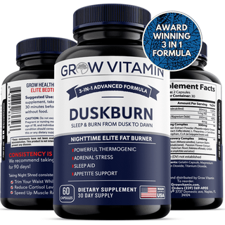 Grow Vitamin DuskBurn | Night Shred Time Fat Burner and Natural Sleep Support | Ashwaganda, 5-HTP, CLA, Melatonin | Appetite Suppressant | Weight Loss Support (60 Vegetarian Capsules)