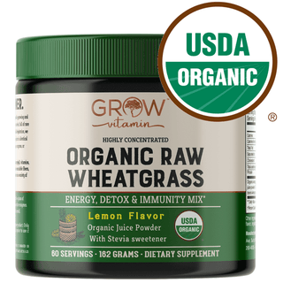 Grow Vitamin Raw Organic Wheatgrass Juice Powder (60 Servings) - USDA Certified Organic Wheatgrass Powder w/ Chlorophyll, Trace Minerals & Natural Enzymes - Ultra-Concentrated - Lemon Flavor w/ Stevia