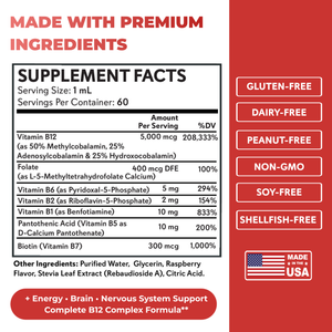 GROW VITAMIN B12 LIQUID DROPS Supplement label with facts and benefits on a red background