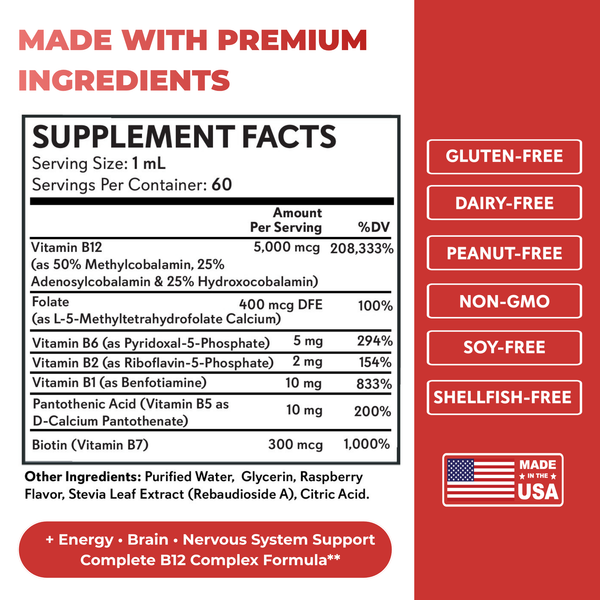 GROW VITAMIN B12 LIQUID DROPS Supplement label with facts and benefits on a red background