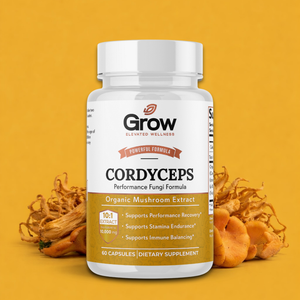 Supplement bottle labeled 'Grow' with cordyceps on a yellow background