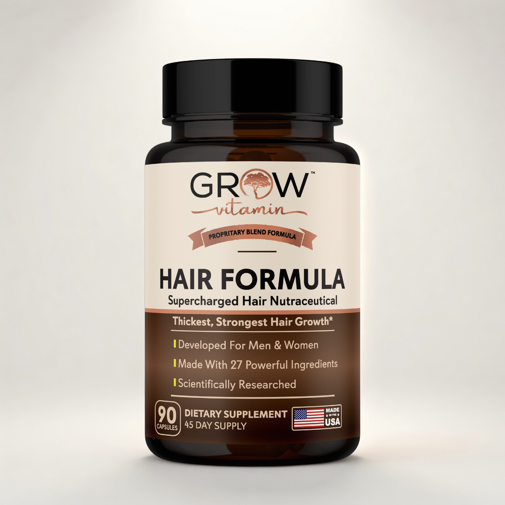 Supplement bottle labeled 'Grow Vitamin Hair Formula' on a light gray background