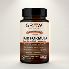 Supplement bottle labeled 'Grow Vitamin Hair Formula' on a light gray background