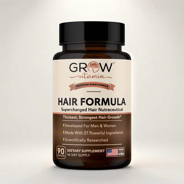 Supplement bottle labeled 'Grow Vitamin Hair Formula' on a light gray background