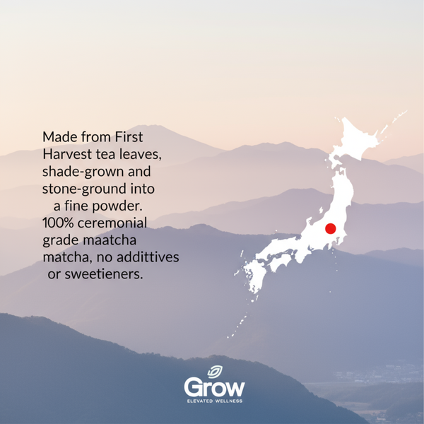 Map of Japan with a red dot and text about matcha tea on a gradient background