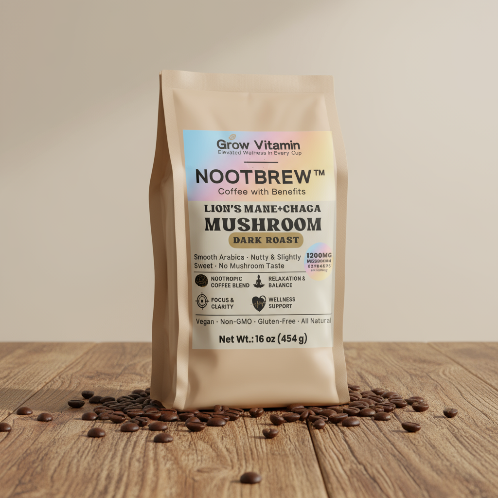 Nootbrew mushroom coffee package on a wooden surface with scattered coffee beans.