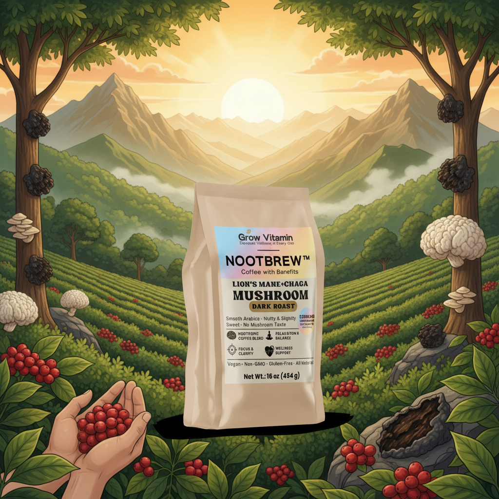Nootbrew mushroom product packaging with a scenic background of trees and mountains.