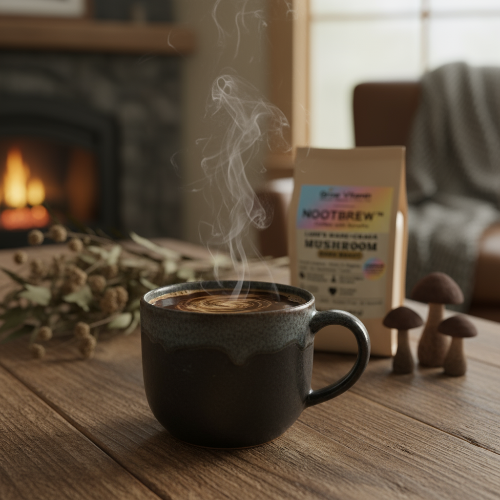 Steaming coffee cup on a wooden table with a fireplace and mushroom package in the background