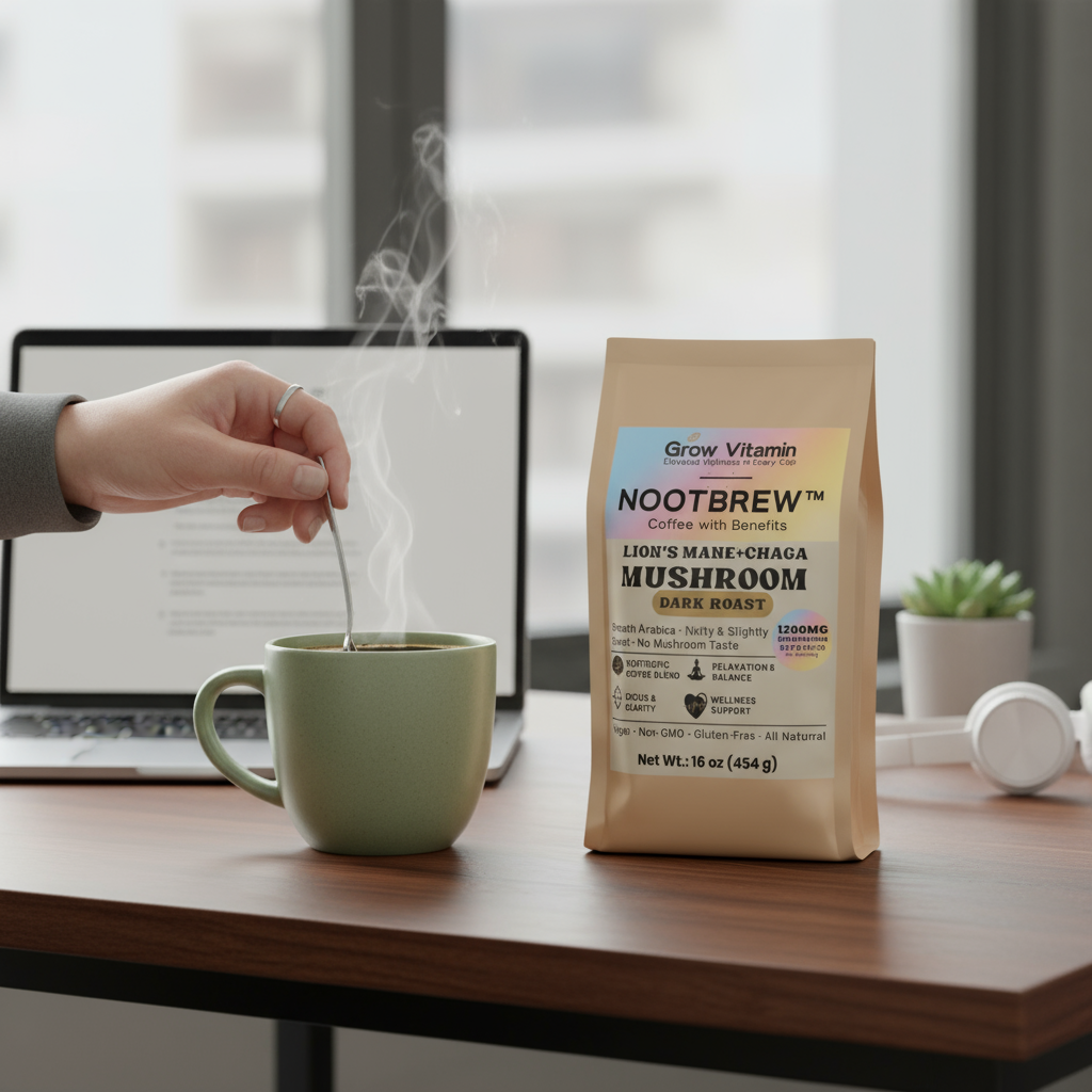 Person stirring a steaming mug of coffee next to a package of Nootbrew mushroom coffee on a desk.