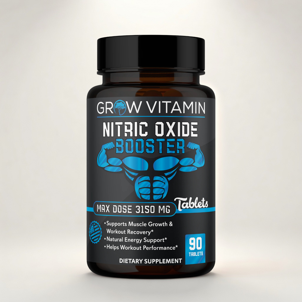 Supplement bottle labeled 'Grow Vitamin Nitric Oxide Booster' on a light gray background