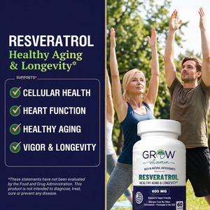 Resveratrol supplement bottle labeled 'Grow Vitamin' shown in front of a lifestyle photo of a smiling couple outdoors with arms raised. The left side includes text about resveratrol supporting cellular health, heart function, healthy aging, and vigor & longevity.