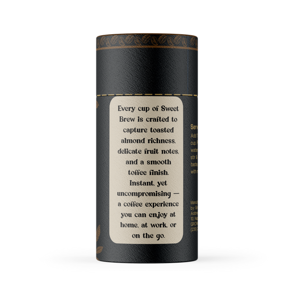 Black cylindrical coffee packaging with text on a white background