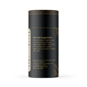 Black cylindrical container with text on a white background