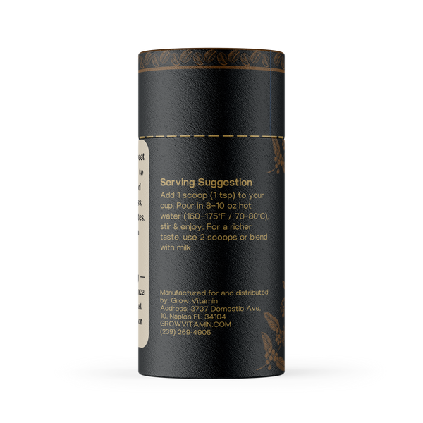 Black cylindrical container with text on a white background