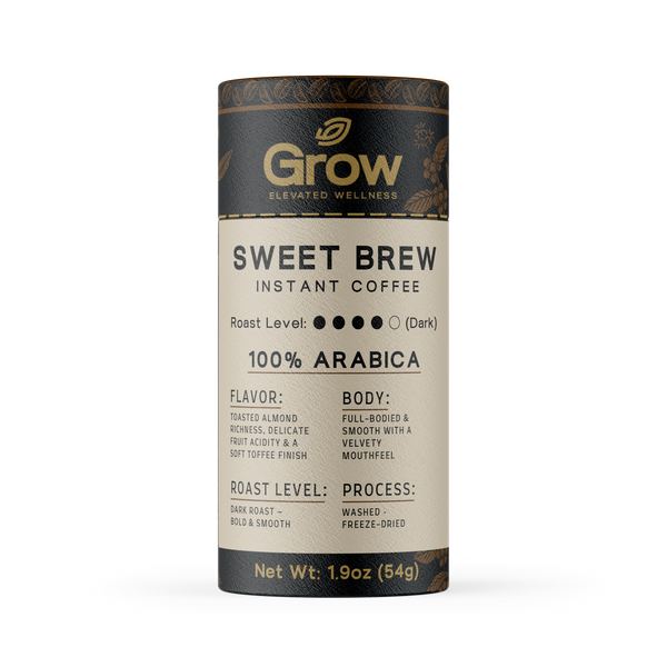 Canister of Grow Sweet Brew Instant Coffee on a white background