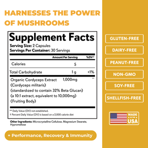 Supplement facts label with mushroom extract on a yellow background