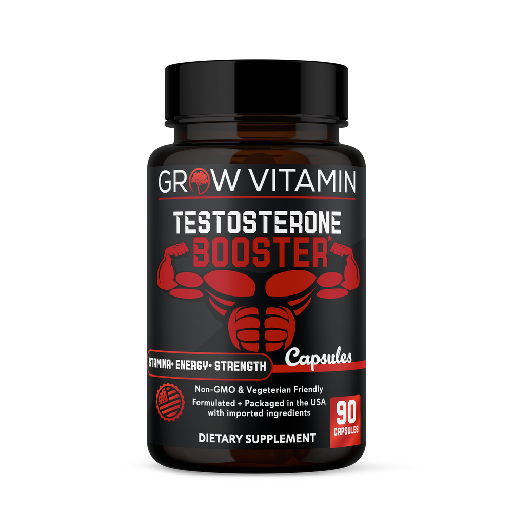 Supplement bottle labeled 'Grow Vitamin Testosterone Booster' on a white background