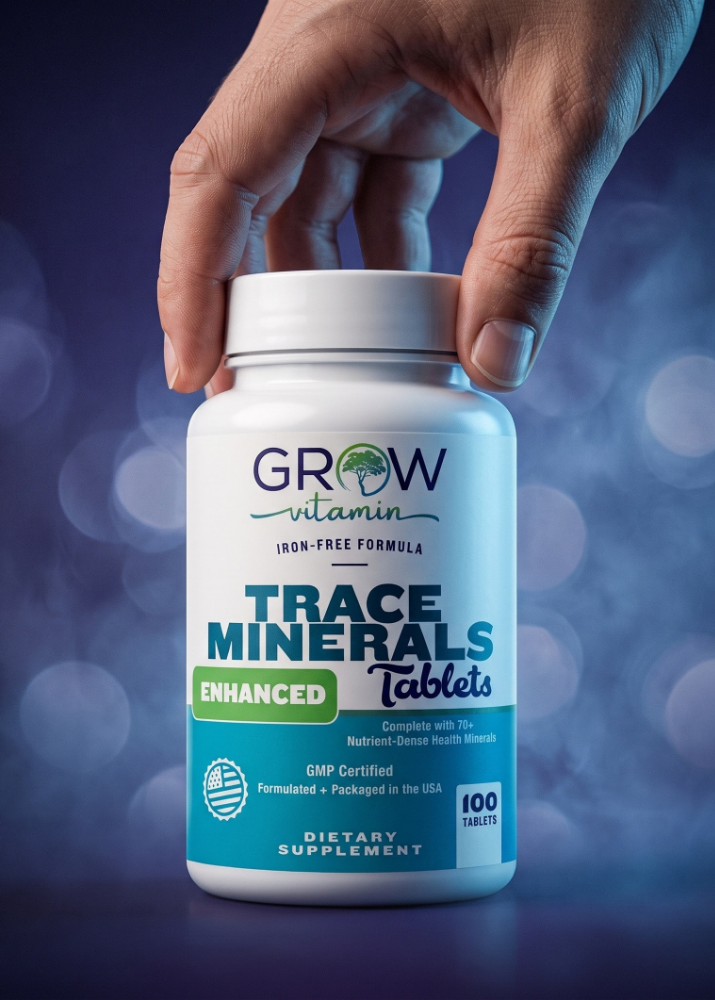 A hand holding a white bottle of Grow Vitamin Trace Minerals Tablets against a dark blue bokeh background.