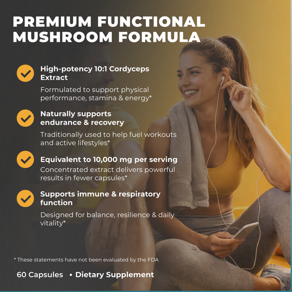 Woman exercising outdoors with text about a premium functional mushroom formula.