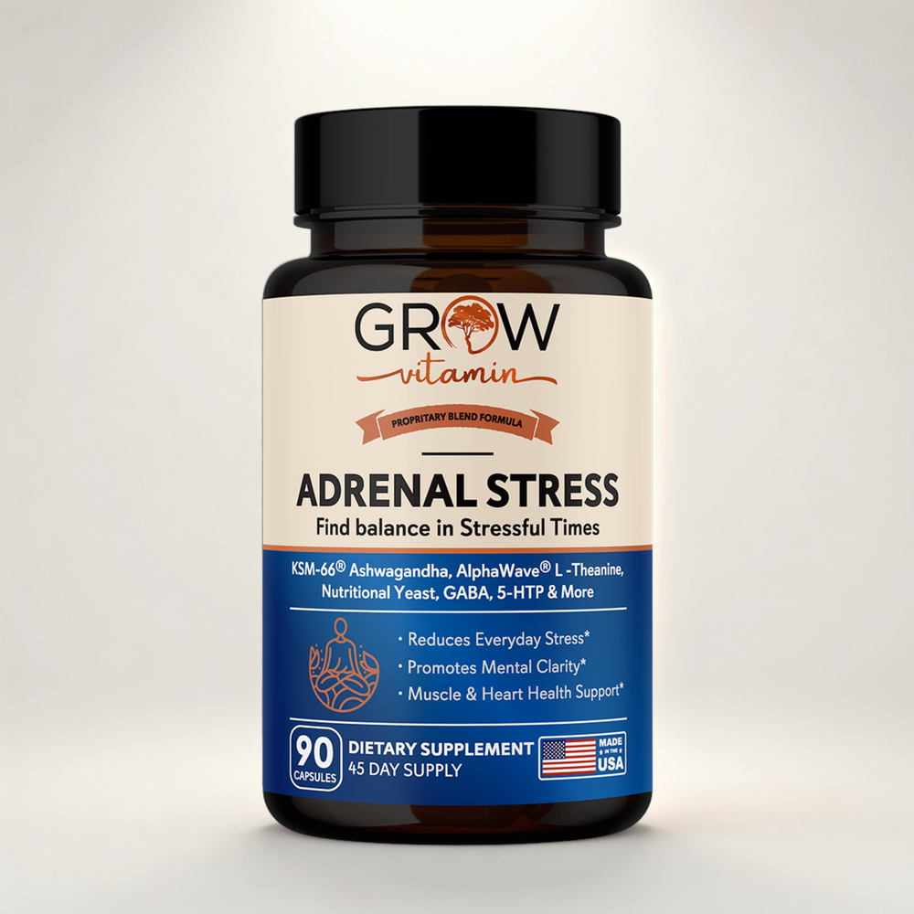 Supplement bottle labeled 'Grow Vitamin' for adrenal stress on a light gray background