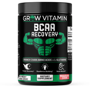 Supplement container labeled 'Grow Vitamin BCAA Recovery' on a white background