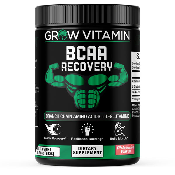 Supplement container labeled 'Grow Vitamin BCAA Recovery' on a white background
