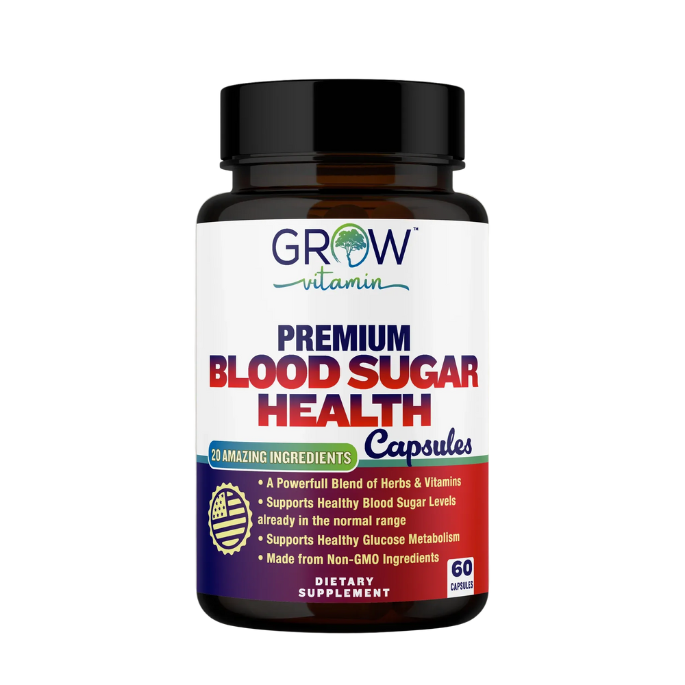 Supplement bottle labeled 'Grow Vitamin Premium Blood Sugar Health Capsules' on a light gray background