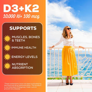 Vitamin D3 and K2 supplement advertisement with a woman on a balcony overlooking water.