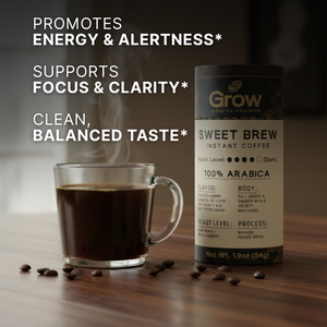 Glass of coffee and 'Grow' instant coffee packaging on a wooden surface with text about coffee benefits.