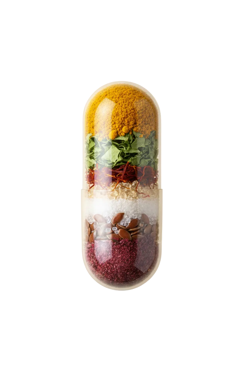Capsule with layered ingredients on a beige background