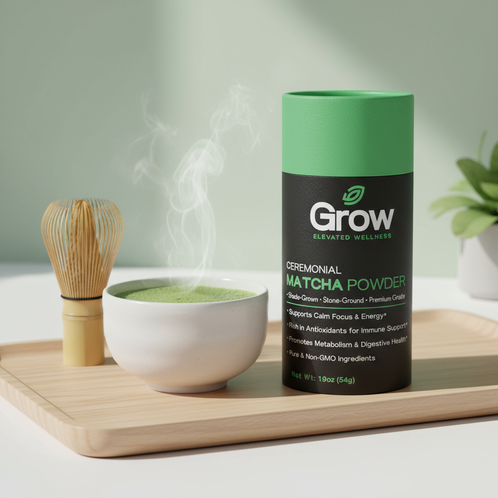 Ceremonial matcha powder with a whisk and bowl on a wooden tray