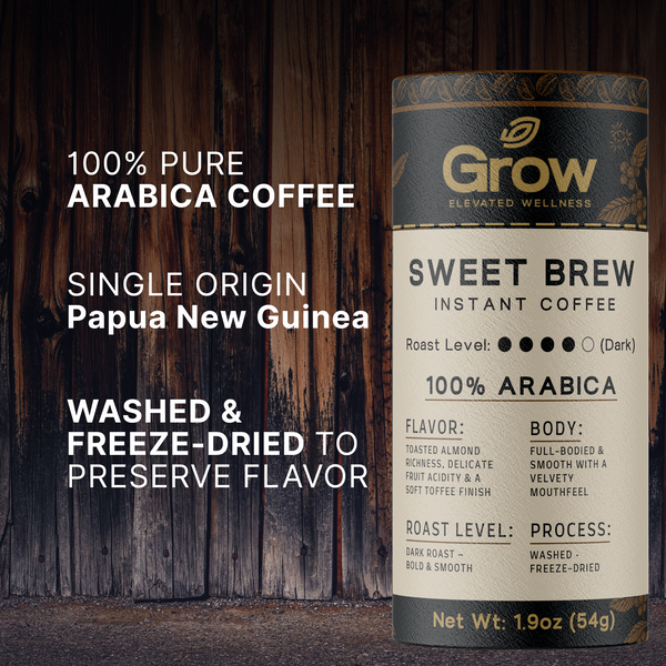 Can of Grow Sweet Brew instant coffee with label details on a wooden background