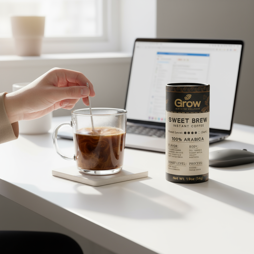 Person stirring a cup of coffee with a container of Grow Sweet Brew Instant Coffee on a desk.