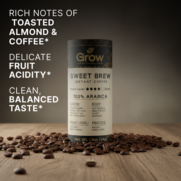 Grow Sweet Brew instant coffee canister with roasted almonds and coffee beans on a wooden surface