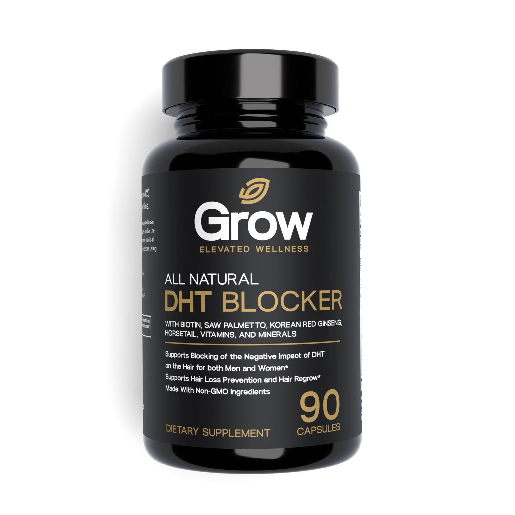 Black supplement bottle labeled 'Grow All Natural DHT Blocker' on a white background