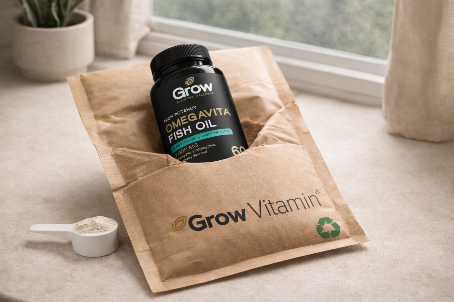 Omega-3 supplement bottle on a brown paper bag with 'Grow Vitamin' branding, next to a small container of powder.