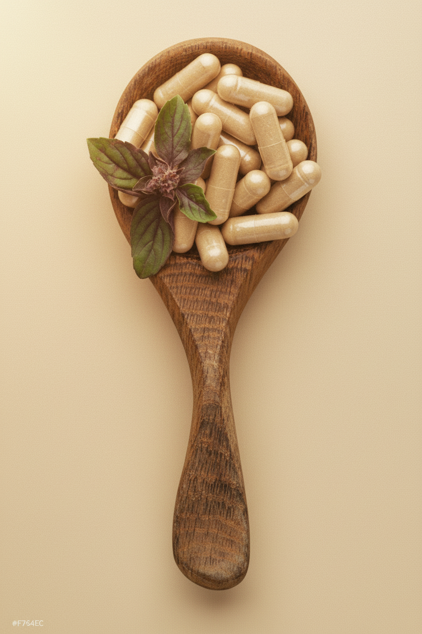 Wooden spoon filled with capsules and a leafy herb on a white background
