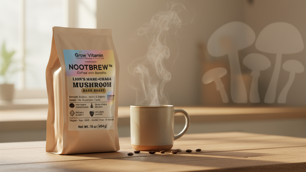 Nootbrew mushroom coffee package with a steaming cup on a wooden table