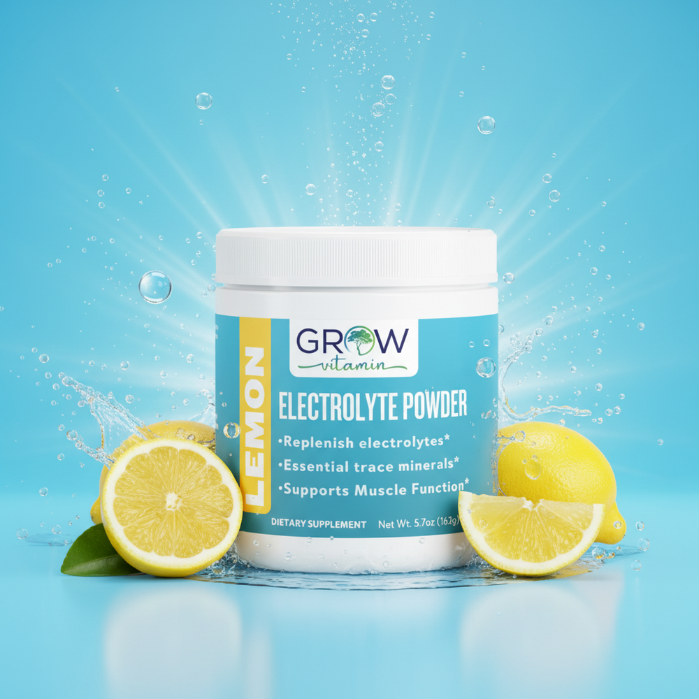 Grow Vitamin electrolyte powder container with lemon flavor on a white background