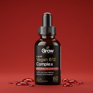 Grow Vegan B12 liquid drops 5000 mcg supplement bottle for energy metabolism and nervous system support