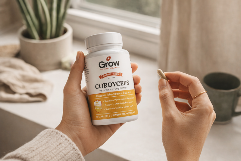 Person holding a bottle of Grow Cordyceps supplement with a plant and mug in the background