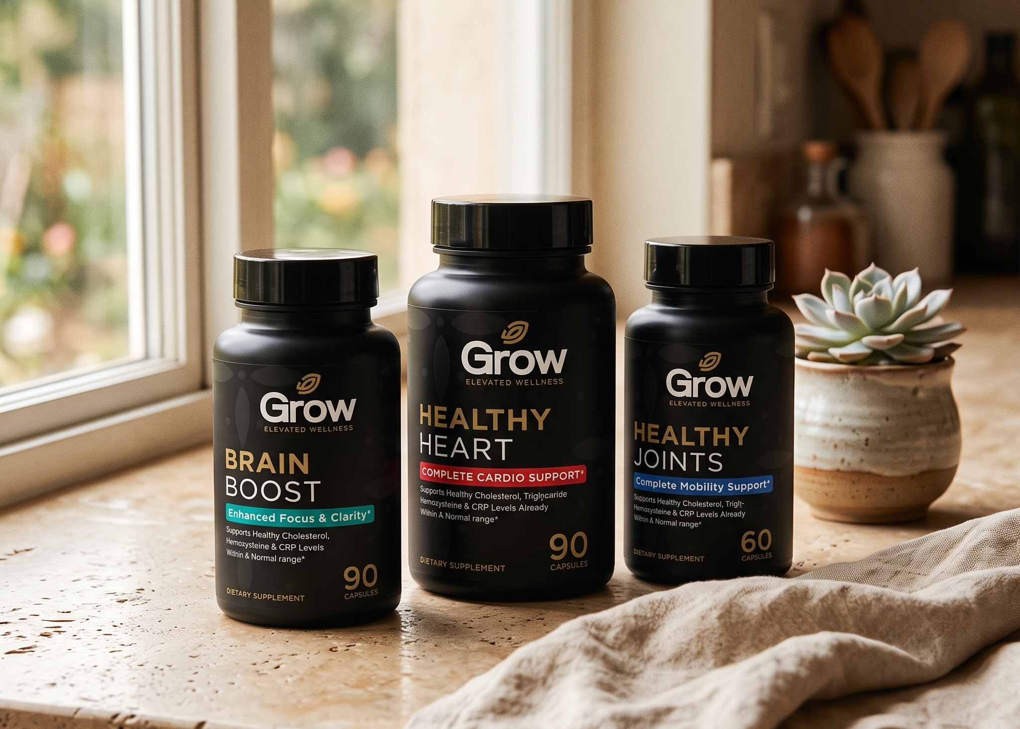 Three black supplement bottles from Grow Health are displayed on a stone countertop in a warm, sunlit kitchen setting. The bottles are labeled Brain Boost, Healthy Heart, and Healthy Joints, with a beige cloth draped in the foreground.