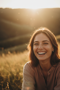 A close-up portrait of a smiling woman outdoors in warm golden sunlight, with blurred hills and grass in the background.
